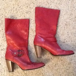 FRYE RED LEATHER HARNESS WESTERN HEEL BOOTS, NICE!